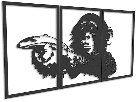 Kajaro Affe Wandbild Holz 3-teilig, 1200x600 mm, selbstklebend ohne Bohren | Gratis: zweites kleineres Bild. Selbstklebende Holz-Wanddeko in Metalloptik, einfache Montage ohne Bohren.
