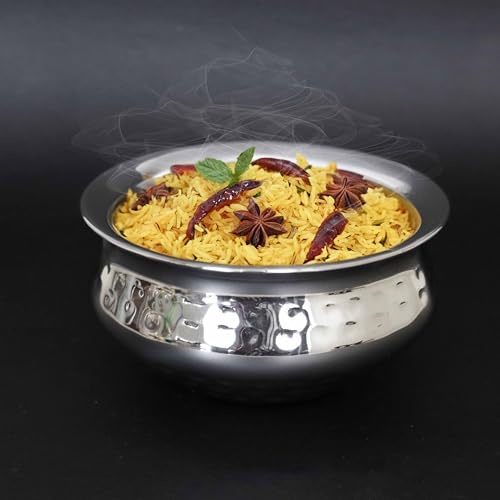 Hammered Stainless Steel Biryani Handi – Small 4.7 Inch Cooking & Serving Tope/Patila Bowl – Traditional Indian Style Cookware & Serveware