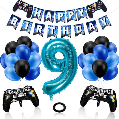 GSrenyu 9th Birthday Decorations for Boys, Gaming Theme Party Decorations Set for Gamers, Happy Birthday Banner Game Controller Balloons Black Blue Balloons for Kids Party Supplies