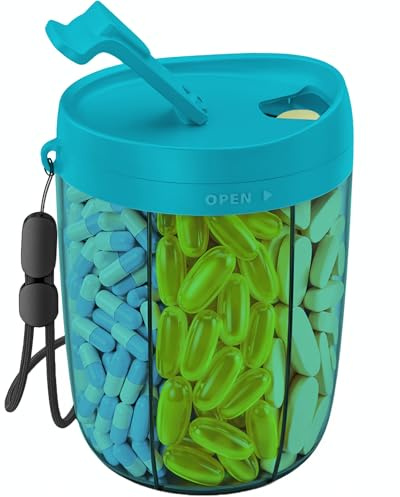 AUVON Tablettenbox 6 Fäche 7 Tage, Pillendose Rund mit Großen Separaten Fächern(5+1XL Fach), Tragbare Medikamentenbox Pillenbox für Unterwegs Vitamine, Fischöl, Medikamente