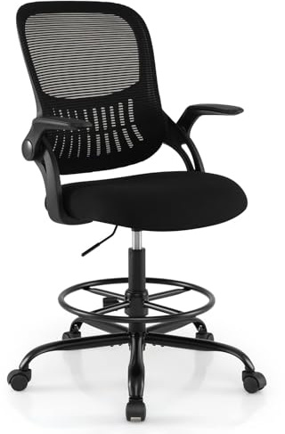 FANTASK Arbeitsstuhl Drehhocker, Bürostuhl klappbare Armlehnen mit Fußstütze höhenverstellbar 58–76 cm belastbar 136 kg, hoher Schreibtischstuhl für Home Office, Schwarz