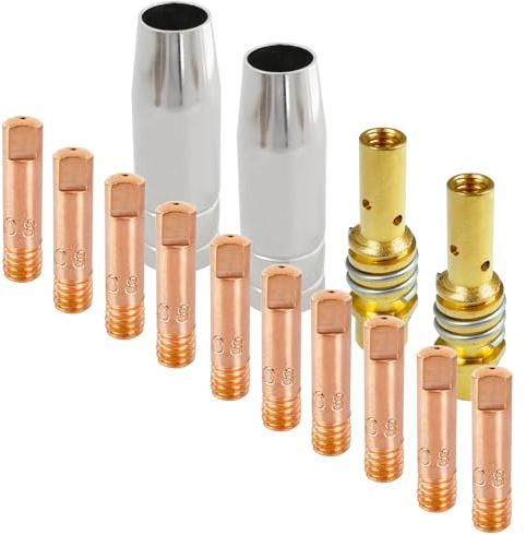 ZFKXGS 14 Stück MB 15AK Mig Mag Schweissgerät Verschleißteile Set | Schweißzubehör 10 Stromdüse M6 0,8 mm 2 Gasdüse Konisch Steckbar 2 Düsenstock mit Haltefeder Schweißbrenner Ersatzteile