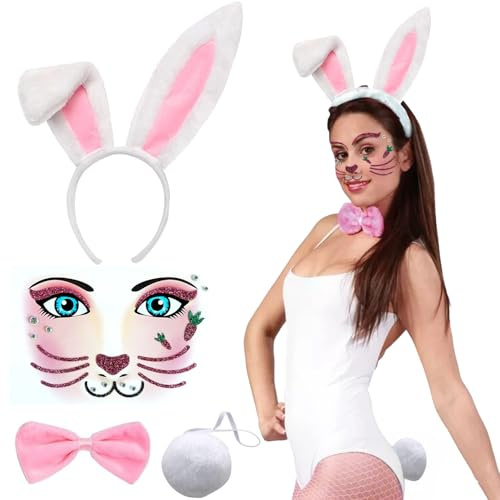 AEYAKA Hase Kostüm Hasenohren Haarreif Set Tierkostüm Halsband Plüsch Hasenohren Stirnband Karneval Cosplay