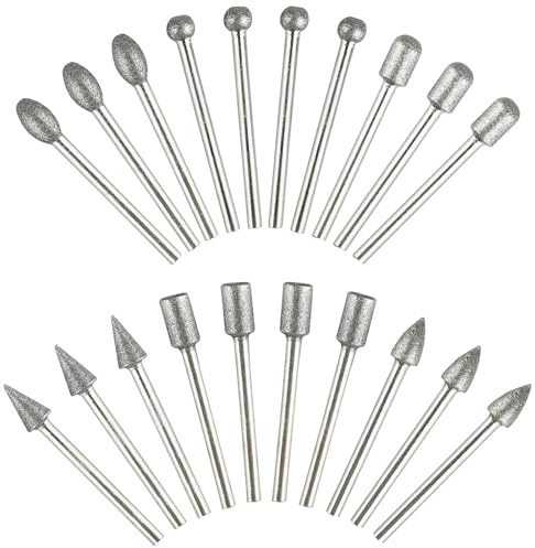 KEWAYO 20 Pcs Diamond Grinding Burr Bit Set, 1/8 Inch Shank Rotary Tool Accessories for Dremel, Stone Glass Ceramic Carving, Grinding, Polishing, Engraving