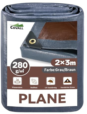 COVALL Abdeckplane 2x3m 280g/m² Schwerlastplane mit Ösen | 920N reißfest | Grau/Braun Plane, UV-beständig, wasserdicht, allwetterfest, Universalplane, Gartenmöbel, Pool, Holz, Camping, Bau