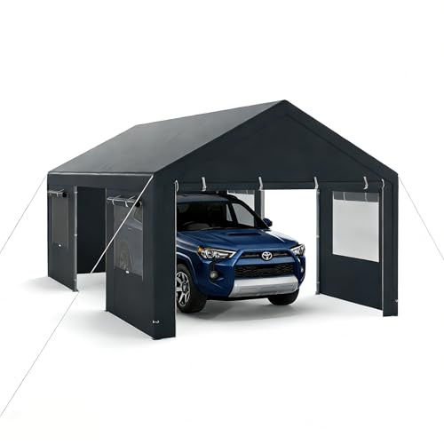 SOARS Tenda Garage Auto Esterno, Tettoia per Auto con Telaio in Metallo, Copertura in PE Resistente alle Intemperie, Capanno Giardino per Vehicolo, Bici, Moto, Attrezzi (Grigio, 363 x 600 x 295 cm)