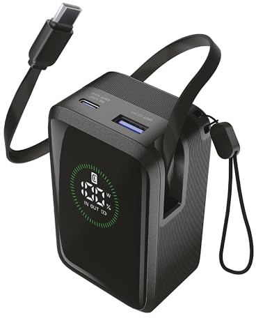 Cellularline power bank Roller 10.000 mAh con output fino a 45 W, cavo USB-C retrattile da 70 cm, display LCD, ricarica simultanea di 3 dispositivi, colore nero