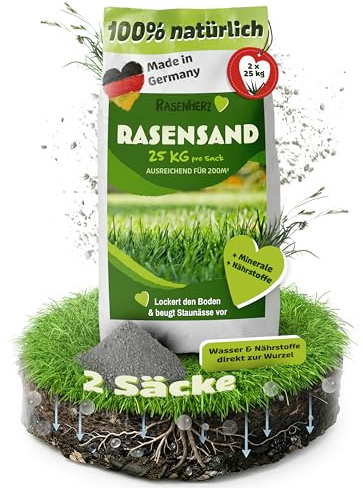 RasenHerz Rasensand für dichten grünen Rasen Bodenverbesserer Diabas petigi | 50 kg für 200m², Nährstoffe, Rasenpflege
