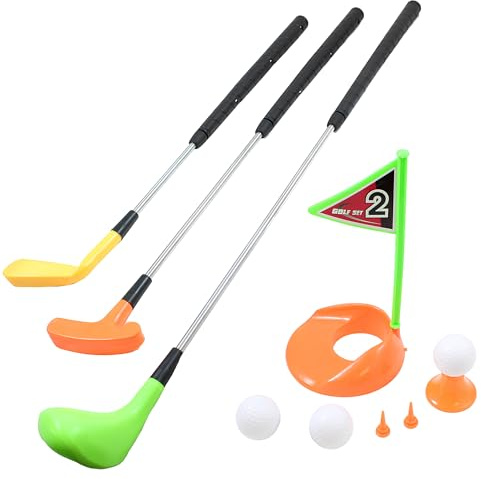 Golf Bambini Set Gioco 3 Mazze in Metallo 3 Palline Buca con Bandierina 2 Tee 1 Tee Shot Gioco Golf Giochi Bambini Interno Esterno Giochi da Giardino per Bambini Golf Giochi All'Aperto Set Mini Golf