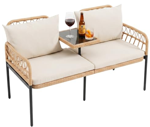 COSTWAY Gartenbank mit Tisch, Polyrattan Bank mit Kissen, 2-Sitzer Sitzbank | Balkonbank, Balkonmöbel, Sitzgruppe für Balkon, Garten, Terrasse, 137 x 64 x 84 cm