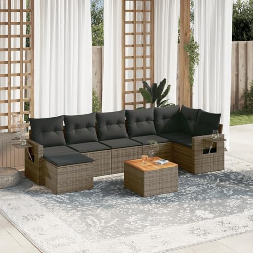 Cartvyn 8-TLG Garten-Sofagarnitur Poly Rattan Grau mit Kissen wetterfest modular erweiterbar Sitzgruppe für Terrasse Balkon Außenbereich mit Tisch und Fußhocker ideal zum Relaxen und Anbauen