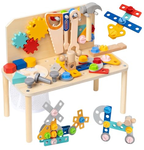 Kaeltsyn Durability Wooden Tool Box Realistic Carpenter Play Portable Childrens Wooden Tool Box for Safe Toddler Entertainment Youngster