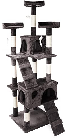 Wiltec Arbre à Chat - 170 cm de Haut - Design ludique avec Souris et Escaliers - Meuble grattage félin Peluche - Couleur Grise - avec Maisonnettes, sisal, Niche et Plate-Forme, balles de Jeu