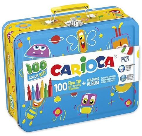 CARIOCA Caja Metálica con Rotuladores | 100 Rotuladores Super Lavables con una Caja de Metal, Punta Fina con Álbum para Colorear