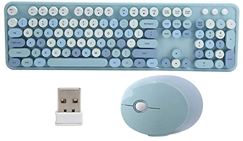 Drahtloses Tastatur- und Mausset, 2,4 GHz 104 Tasten Retro Schreibmaschinenstil Office Desktop Mechanische Tastatur Mäuse Kombination mit Multimedia-Taste(Blau)