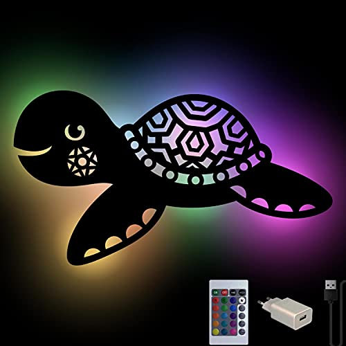 Schildkröte-Lampe Nachtlicht Farbwechsel Wand Schlummerlicht Holz Deko Figur für Wohnzimmer Kinder-Zimmer I USB + Fernbedienung
