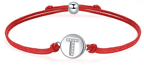 J.Endéar Lettre Initiale T Cordon Bracelet, Bracelets en Argent Sterling 925 avec Zircone Cubique, Bracelets Réglables Faits à la Main Cadeau D'amitié D'amour, Rouge