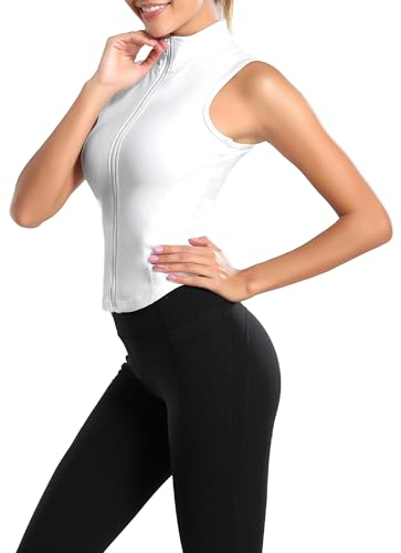FEOYA Damen Sport Ärmelloses Top Slim Fit Yoga Fitness Laufweste Full Zip Sportweste Stehkragen Workout Gym Crop Tops Gym Weste Top Skinny Athletic Ärmellose Shirts Weiß S