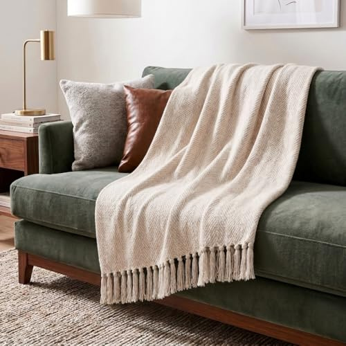 Americanflat Überwurfdecke, 100% Baumwolle, weich, atmungsaktiv, für Couch, Bett, Stuhl, dekorative Decken, perfekt für Zuhause, Büro oder Außenbereich, cremefarben und beige, Zickzack-Design, 127 x