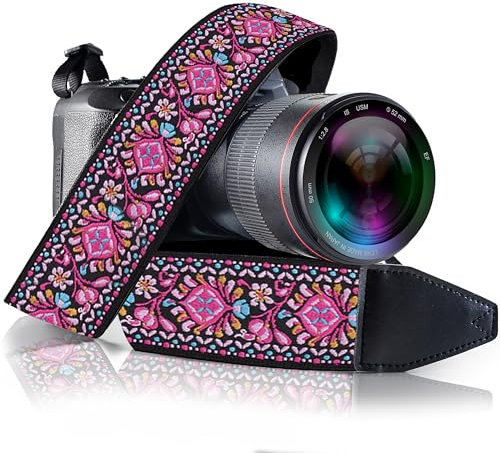 Art Tribute Pink Woven Camera Strap For All DSLR and SLR Camera, Embroidered Elegant Universal Neck & Shoulder Strap, BOHO Pattern. Best Gift for Photographers