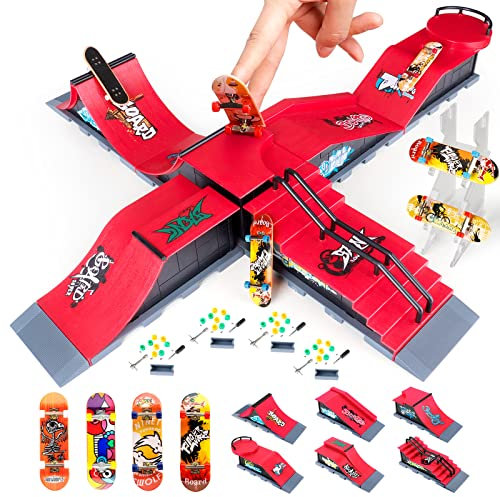 MOMSIV 6Pcs Mini Finger Skateboard and Ramp Accessory Set, DIY Funny Desktop Skate Park Board Game Toy with Ramp Accessories Set for Kids and Children (6 in 1)