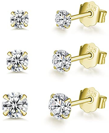 Silberne Ohrstecker für Damen | 925 Sterling Silber Ohrstecker Set | Kleine Helix Tragus Knorpel Ohrringe | 3 Paar Zirkonia Gold Ohrstecker für Frauen Mädchen (2/3/4 mm)