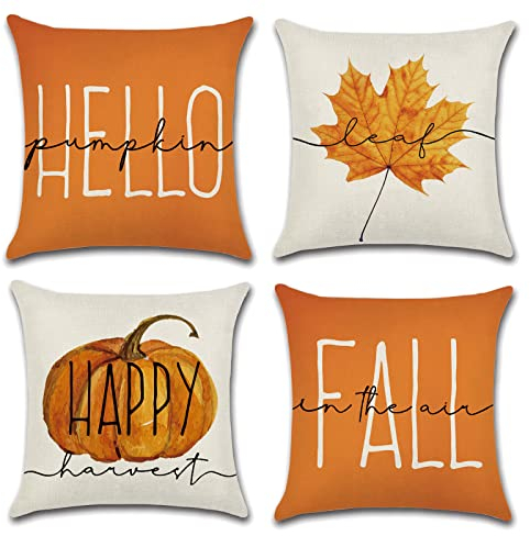 OCEUMACO Leinen Kissenbezug 50x50 Herbst Kissenhülle 4er Set Quadratisch Sofakissen Dekokissen Bezug für Couch Ahornblatt Kürbis Kissen Kissenbezüge Outdoor Deko Zierkissen Couchkissen - Orange