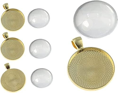 Perlin 4 Set Medaillons Metall Anhänger Gold Fassungen Charm Leere Lünette Tablett und 30mm Rund Klar Glas Cabochon, Fassung Rahmen Super Optik Bastelset