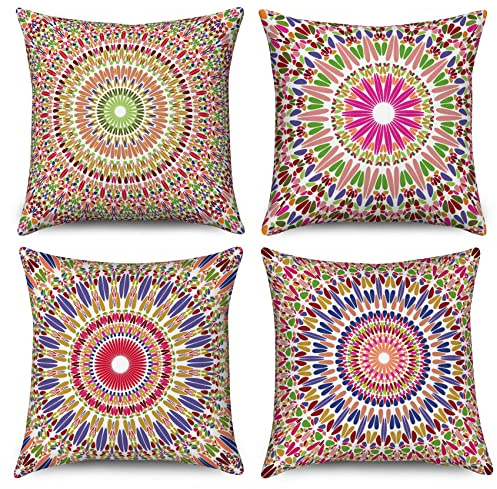 Hnmdmyi Kissenbezug Boho 50x50 4er Set, Bunte Retro Floral Mandala Kompass Medaillon Bohemian Dekorative Kissenbezüge Leinen Kissenhülle für Sofa Couch Bett Garten Outdoor Home Decor
