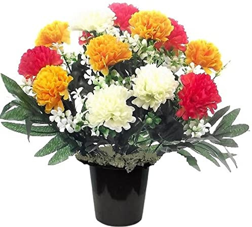 MaxJam Memorial Grave Crem Pot Artificial Arrangement Yellow Coral Ivory Chrysanthemum with Moss for Graveside Cemetery Crematorium Gift for Birthday Mother's Day