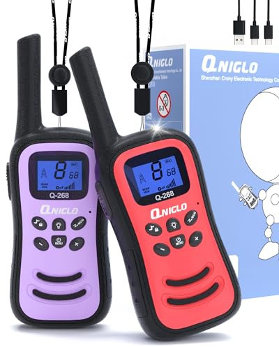 QNIGLO Talkie Walkie Enfants Rechargeable, Radio à 2 Voies Longue PortÉE de 8 Canaux avec Fonction Lampe de Poche, Cadeaux Jouets pour 3-12 Ans Camping, Aventures Extérieures (RougeViolet)