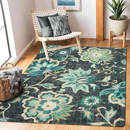 Lahome Teppich mit Blumenmuster für Wohnzimmer, waschbar, rutschfest, weich, für Schlafzimmer, Überwurf, leichter Boho-Esszimmerteppich, blauer Paisleymuster, für den Innenbereich, für Büro, Küche,