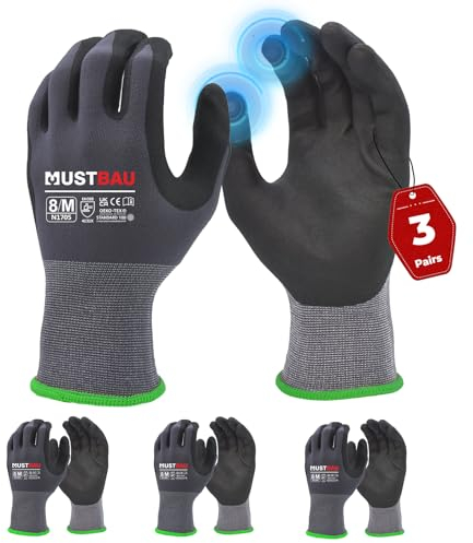 Mustbau Arbeitshandschuhe Schwarz mit Touchscreen, Arbeitshandschuhe Herren mit Nitril Beschichtung für Montagearbeit,Mechaniker, Gartenarbeit und Bauarbeiten, Gr. M, 3 Paare