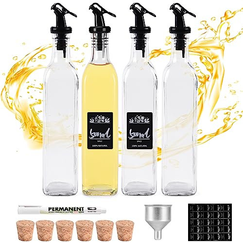 FNLLC Bouteille d'huile,4 bouteilles en verre 500ml,Bouteille d'huile d'olive,Distributeur d'huile avec entonnoir,Set de bouteilles de vinaigre et d'huile, verre sans plomb avec étiquette,bouchon