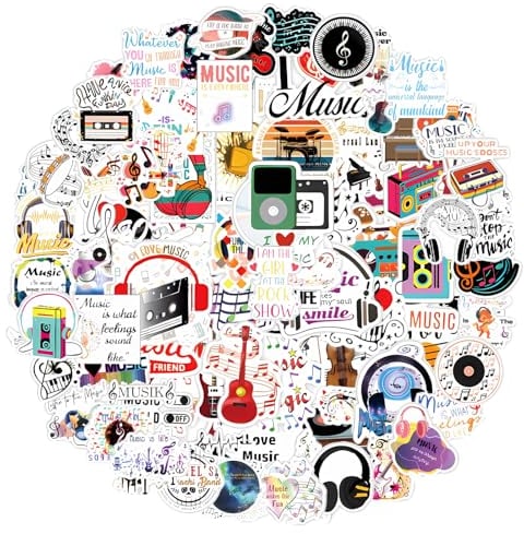 Bewudy 100 Stück Musik Instrumente Aufkleber, Wasserfest Graffiti Stickers, Vinyl Stickers Aesthetic Decals Scrapbook Aufkleber für Wasserflasche Laptop Gitarre Auto Motorrad Skateboard Gepäck (A)