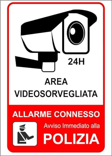 M-ITALY CARTELLO SEGNALETICO - AREA VIDEOSORVEGLIATA ALLARME CONNESSO AVVISO IMMEDIATO ALLA POLIZIA - Adesivo Extra Resistente, Pannello in Forex, Pannello In Alluminio (20x31, Alluminio)
