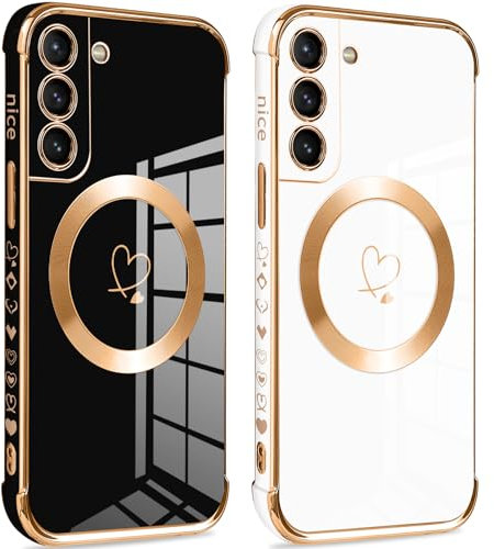 Pnakqil Magnetische Hülle für Samsung Galaxy S21 5G, 2 Stück Handyhülle Ultra Dünn Silikon mit Herz Love Muster Schutzhülle, Kompatibel mit MagSafe, Stoßfest Case für Samsung S21 5G, Schwarz und Weiß