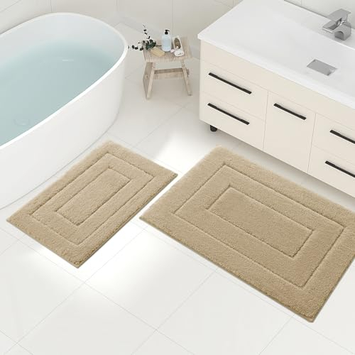 Homaxy Mikrofaser Badezimmerteppich Set 2 teilig rutschfest Waschbar Badematte Set Weiche Badteppich Set Wasserabsorbierend Badvorleger für Badezimmer - 40x60 cm+50x76 cm,Beige
