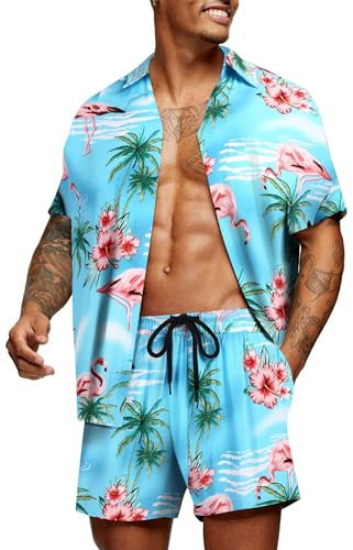 COOFANDY Ensemble de chemises et shorts hawaïens pour homme - 2 pièces - Flamant rose - Chemise tropicale à manches courtes - Tenue de vacances de plage - Tailles S à 3XL, Flamant rose - Bleu et rose