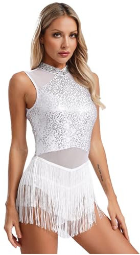 iEFiEL Damen Glitzer Ballettkleid mit Quasten Eiskunstlauf Kleid Rückenfrei Turnanzug Tanzanzug Ballettkleidung Leotard Tanzkostüm X Weiß M