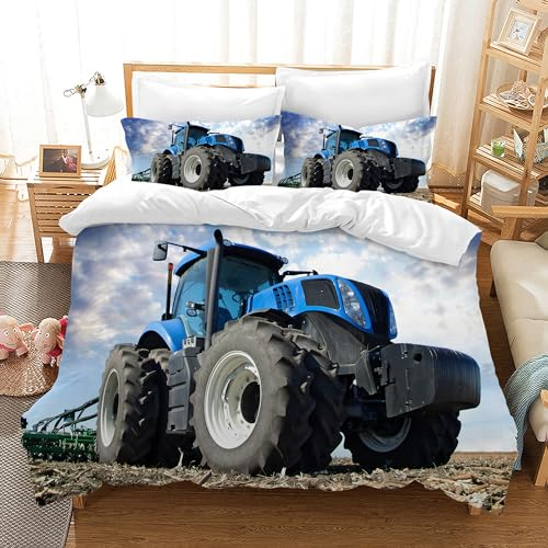 PQCXXA Kinder Traktor Bettwäschem Traktoren bettwäsche Mikrofaser Bettwäsche für Kinder Jungen mit Reißverschluss und 2 Kissenbezug 80x80 cm (Blau, 135x200cm)