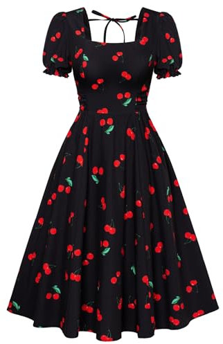 Belle Poque Robe vintage des années 1950 à manches bouffantes pour femme - Robe de fête florale smockée dans le dos, Cerise noire, M