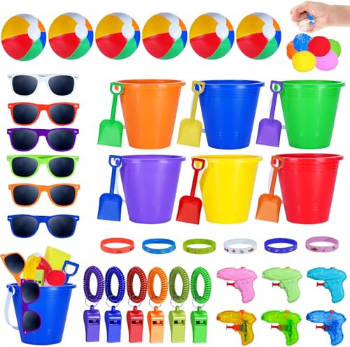 Holady 48-teiliges Pool-Spielzeug für Kinder,Strandbälle in großen Mengen,Sandeimer und Schaufeln,Kinder-Sonnenbrillen in großen Mengen,Strand-Sommerspielzeug und mehr für Strand-Pool-Party-Geschenke