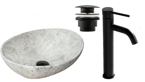 GTM Design Aufsatzwaschbecken Matt Set mit Waschtischbatterie und Stopfen - Aufsatzwaschbecken Oval für Badezimmer - Modern Waschbecken ohne Hahnloch - Waschbecken mit Armature - Modell 10