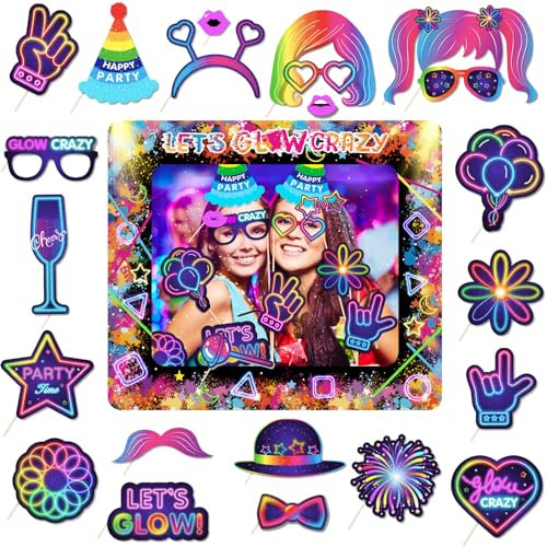 POPOYU 26 Stück Let's Glow Party Foto Requisiten,Neon Aufblasbarer Fotorahmen,Disco Fotobox Accessoires Geburtstag,Bilderrahmen Neon für Geburtstag,Abschlussball,Disco Party Zubehör Photo Frame Set