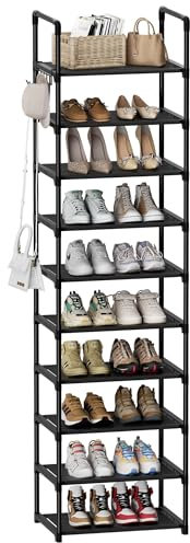 SPUSEN Shoe Rack, 10 Tier Shoe Storage Organizer with Hooks,Fit 20-25 Pairs Shoes,Metal Tall Shoe Shelf for Closet,Entryway,Garage,Bedroom,Cloakroom,Black