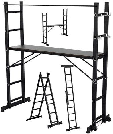 Gimisgu Gerüst, 4 in 1 Alu Multifunktionsleiter 6+6 Stufen, Mobile Mehrzweckleiter mit Plattform und 2 Räder, Arbeitsgerüst, Arbeitsbühne, Belastbar bis max. 150 Kg, Schwarz