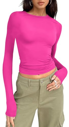 Jamron Donna Sexy Slim Fit T-Shirt Top Y2K Stile Manica Lunga Tinta Unita Maglietta Basic