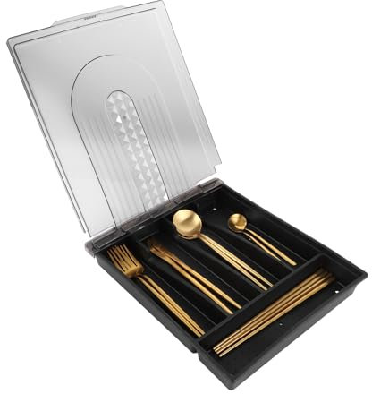 Oungy Besteckkasten mit Deckel, 5 Fächer schwarz Besteckkasten Tragbar Besteck Aufbewahrung, Kompakter Besteckkasten, Besteckkoffer Leer für Löffel, Gabeln, Messer, Einsatz