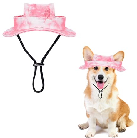 Sonnenhut für Hunde, verstellbar, Prinzessinnenhut mit Ohrlöchern, runde Krempe, Fischerhut für Welpen, kleine Hunde, Katzen, Outdoor-Sport (Rosa, M)
